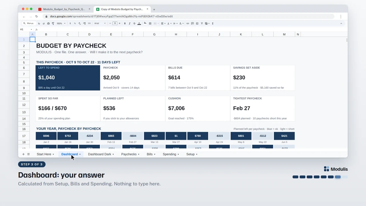 A frame of the Budget by Paycheck video tutorial: the real file in Google Sheets